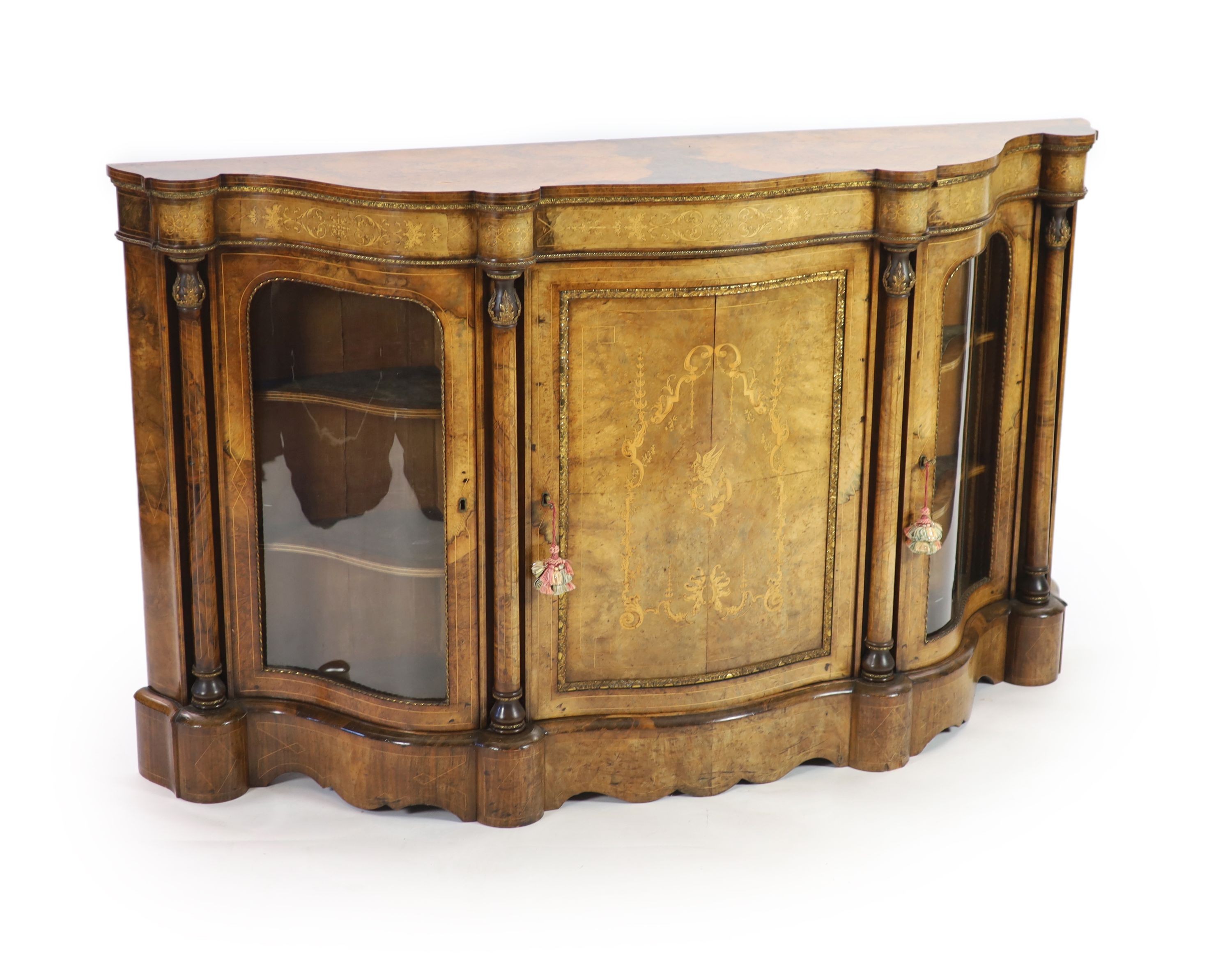 A Victorian marquetry inlaid figured walnut side cabinet W 186cm D 44cm H 110cm